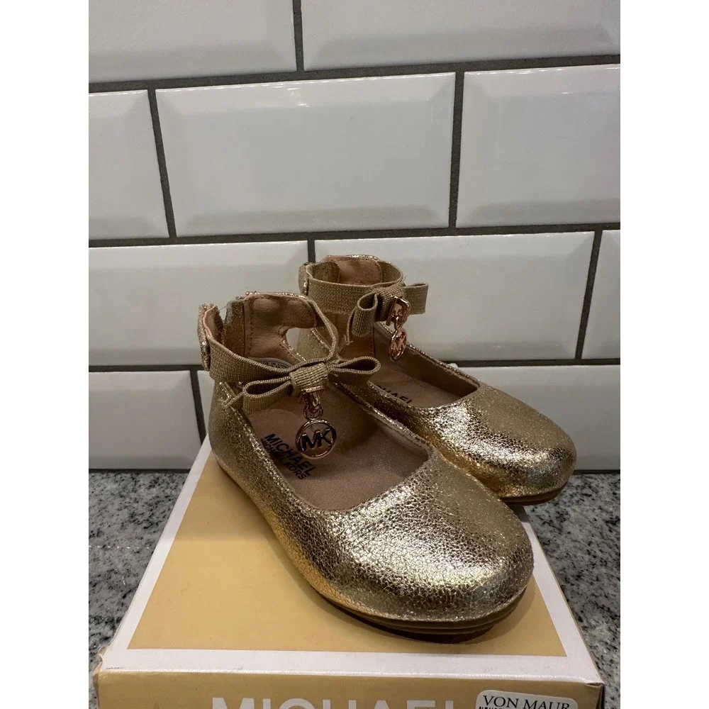 Michael Kors Rose Gold Flats Dress Shoes Bow Accent Zipper Closure Infant Size 5